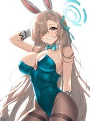 1girl absurdres animal_ear_hairband animal_ears asuna_(blue_archive) asuna_(bunny)_(blue_archive) bare_shoulders black_pantyhose blonde_hair blue_archive blue_bow blue_bowtie blue_eyes blue_halo blue_leotard blush bow bowtie breasts cleavage detached_collar fake_animal_ears gloves grin hair_over_one_eye hair_ribbon hairband halo highleg highleg_leotard highres large_breasts leotard long_hair looking_at_viewer mole mole_on_breast pantyhose playboy_bunny rabbit_ear_hairband rabbit_ears ribbon smile solo thighband_pantyhose very_long_hair white_gloves