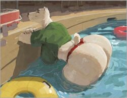 andrea_novak anthro ass bear bent_over big_breasts big_butt biped breasts clothing female fur greasymojo green_clothing hanging_breasts huge_butt inflatable inner_tube mammal partially_submerged polar_bear pupils red_clothing smile solo swimming_pool thick_thighs thong underwear ursine water white_body
