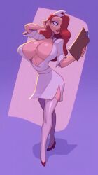 1girls 2025 ass big_breasts bigdad breasts busty cleavage clipboard clothed clothed_female clothing curvaceous curvy deep_cleavage eyeshadow female footwear front_view fully_clothed ginger green_eyes hair hair_over_one_eye hand_on_hair hand_on_head hand_on_own_head high_heels holding_object hourglass_figure huge_breasts human jessica_rabbit large_breasts legs_together legwear light-skinned_female light_skin lipstick long_hair makeup no_bra nurse nurse_cap nurse_uniform purple_eyeshadow red_hair red_lipstick shoes simple_background skindentation solo standing stomach thighhighs thighs uniform wavy_hair white_clothing who_framed_roger_rabbit wide_hips