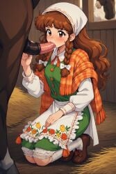 ai_generated amber_eyes barn big_breasts blowjob brown_hair curly_hair freya_(little_goody_two_shoes) green_dress horse horsecock little_goody_two_shoes long_hair white_headscarf white_socks