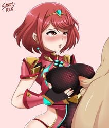 1boy 1girls big_breasts blush breasts cleavage clothed_female_nude_male erection faceless_male female female_focus large_breasts male nintendo paizuri paizuri_over_clothes penis pyra red_hair sandyrex solo_focus straight xenoblade_(series) xenoblade_chronicles_2