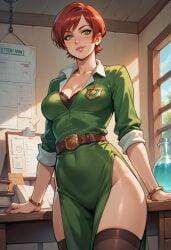 1girls ai_generated belt black_thigh_highs black_thighhighs brown_belt civitai cleavage dress female front_view green_clothes green_dress green_eyes large_ass large_breasts large_cleavage light-skinned_female light_skin long_sleeves panviewai pinup red_hair shani short_hair side_slit side_slit_dress the_witcher_(series) the_witcher_3:_wild_hunt thick_thighs thigh_highs wide_hips