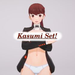 3d 3d_(artwork) 3d_render breasts covering_breasts happy kasumi_yoshizawa koikatsu koikatsu_(medium) persona_5 persona_5_royal red_bowtie red_eyes red_hair school_uniform self_upload shujin_uniform text white_background white_panties white_underwear x-change_3
