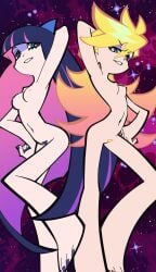 2girls blonde blonde_female blonde_hair blue_eyes blue_hair bowtie_on_head breasts edit female light-skinned_female light_skin long_hair looking_at_viewer naked naked_female nipples nude nude_female official_art painted_fingernails painted_nails painted_toenails pale-skinned_female pale_skin panty_&_stocking_with_garterbelt panty_anarchy pose posing posing_for_the_viewer pubic_hair purple_hair pussy screencap screenshot sisters space stitched stocking_anarchy triangle_pubes trimmed trimmed_pubic_hair twin_sisters twins very_long_hair