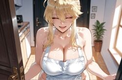 1girls ^_^ ahoge ai_generated alternate_costume apron artoria_pendragon artoria_pendragon_(fate) artoria_pendragon_(lancer) artoria_pendragon_(lancer)_(fate) bangs bare_arms bare_shoulders blonde_hair blush braid braided_bun breasts cleavage closed_eyes clothing collarbone curvaceous curvaceous_female curvaceous_figure curvy curvy_figure door doorway facing_viewer fate/grand_order fate_(series) female female_focus french_braid frilled_apron hair_between_eyes huge_breasts indoors inviting inviting_to_sex large_breasts long_hair miyuai naked_apron open_door open_mouth opening_door plant potted_plant pov_doorway presenting presenting_ass presenting_breasts presenting_hindquarters presenting_self refrigerator seductive seductive_look seductive_smile sideboob sidelocks smile solo sunlight sweat swept_bangs upper_body voluptuous voluptuous_female welcoming white_apron window wooden_floor