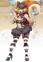 animal_ears beret breasts brown_hair cleavage clownification female female_only femsub gloves green_eyes high_heels hourglass_figure huge_breasts kneehighs large_breasts marvel marvel_comics marvel_rivals mime neckerchief orange_hair skirt spiral_eyes squirrel_girl squirrel_girl_(marvel) standing suspenders tail transformation zorro-zero