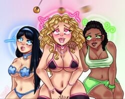 bare_shoulders black_hair blonde_hair breasts choker drool femsub happy_trance multiple_girls multiple_subs panties peachmutt pendulum