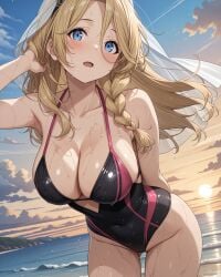 2025 ai_generated beach_background black_dot_eyes black_swimsuit blonde-haired_female blonde_eyebrows blonde_female blue_eyes_female blushing_at_viewer female female_only instagram looking_at_viewer meta pekoillust pink_swimsuit red_cheeks shy_at_viewer unknown_character wet_body wet_swimsuit