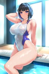 arm_support arm_up bare_shoulders black_hair blue_eyes blunt_bangs breasts brown_dust_(series) brown_dust_2 carrera_(velvet-no-2) cleavage collarbone colored_inner_hair commentary_request covered_navel day female highres indoors large_breasts looking_at_viewer luvencia_(brown_dust) mole mole_under_eye multicolored_hair one-piece_swimsuit parted_lips pool purple_hair shadow short_hair sidelocks sitting soaking_feet solo swimsuit two-tone_hair water wet wet_clothes wet_swimsuit white_one-piece_swimsuit window window_shadow