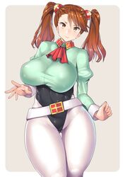 ascot big_breasts blush breasts brown_hair clothed cowboy_shot female female_only gundam gundam_build_fighters gundam_build_fighters_try highleg highleg_leotard large_breasts leotard looking_at_viewer nagase_haruhito pantyhose sazaki_kaoruko skin_tight smile solo thigh_gap thighs voluptuous wide_hips