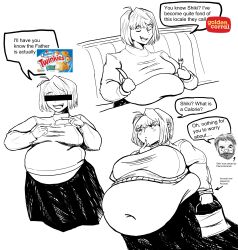 1girls ahoge arcueid_brunestud bag bbw belly belly_expansion belly_overhang blush breast_bigger_than_head breasts censored_eyes chubby closed_eyes enormous_belly fat fat_female fat_woman female female_focus food fork golden_corral holding_bag huge_breasts knife lambdaz large_breasts melty_blood monochrome navel open_mouth pierce_brosnan short_hair sitting skirt smile sweater_lift tohno_shiki tsukihime tummy turtleneck_sweater twinkies weight_gain weight_gain_female weight_gain_sequence