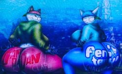 2025 angry angry_expression ass ass_focus background backwards_hat breasts color dandadan feline femtanyl hi_res hoodie huge_ass logo logo_on_clothes looking_at_another matching_outfit napstasoul smug squatting sweatpants tagme token_(femtanyl) turbo_granny_(dandadan) twerking twerkoff