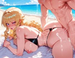 1boy 1girls ai_generated arched_back ass ass_ripple balecxi bangs bare_shoulders beach bikini bikini_bottom_aside bikini_pull black_bikini black_swimsuit blonde_hair blue_eyes blue_sky blush breasts breasts_out clothed_female_nude_male clothing clothing_aside cloud cum cum_in_pussy curvaceous curvaceous_female curvaceous_figure curvy curvy_figure day doggy_style drill_hair drill_sidelocks exhibitionism female female_focus g-string genshin_impact highleg_bikini huge_ass large_breasts long_hair lying male muscular_male navel navia_(genshin_impact) nipples nude ocean on_stomach open_mouth outdoor_nudity outdoor_sex outdoors outside penis prone_bone sand sex sex_from_behind sheet_grab shore sidelocks sky solo_focus straight sweat swimsuit taken_from_behind testicles thick_thighs thighs thong thong_aside thong_bikini vaginal_penetration voluptuous voluptuous_female water wet