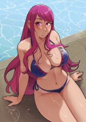 alternate_costume bare_arms bare_shoulders bikini blue_bikini blush breasts cleavage collarbone deliciousbrain earrings female fire_emblem fire_emblem_engage from_above highres ivy_(fire_emblem) jewelry large_breasts long_hair mole mole_on_breast mole_on_thigh mole_under_mouth navel nintendo open_mouth outdoors pool poolside purple_eyes purple_hair sideboob sitting skindentation solo stomach swimsuit thick_thighs thighs very_long_hair water wet