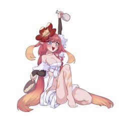 1girls 2d 2d_(artwork) :d almost_naked bandage bandages_only bare_legs bare_shoulders barefoot blue_eyes blush body_markings bridal_gauntlets cleavage cloth_wrapping drunk female female_only long_hair no_bra no_panties one_arm_up one_leg_bent red_hair sake sake_bottle sitting solo solo_female tartarie traptrix traptrix_rafflesia twintails white_background yu-gi-oh!