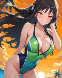 2025 ai_generated beach_background brown-haired_female female glaring_at_viewer grinning_at_viewer instagram looking_at_viewer meta neko_girl pekoillust red_cheeks red_eyes_female smile_at_viewer smiling_at_viewer unknown_character wet_body wet_swimsuit
