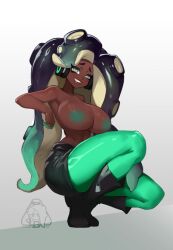 1girls aqua_hair aqua_pantyhose black_boots black_hair blue_eyes boots breasts cephalopod_eyes colored_extremities dark-skinned_female dark_skin female grin headphones large_breasts little_blood long_hair looking_at_viewer marina_(splatoon) midriff mole mole_under_mouth multicolored_hair nintendo nipples octoling octopus_girl smile solo splatoon splatoon_(series) splatoon_2 suction_cups symbol-shaped_pupils teeth tentacle_hair thick_thighs thighs two-tone_hair