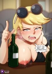 absurdres alcohol angel_glitch artist_name black_tank_top blurry blurry_background blush bottle breasts commentary drooling drunk earrings english_commentary english_text eyewear_on_head female heavy_breathing highres jewelry large_breasts leni_loud nipples one_breast_out pointing pointing_at_viewer solo strap_slip sunglasses tank_top the_loud_house upper_body