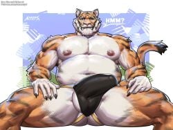 2025 5_fingers amon-sydonai anthro ball_slip barazoku belly black_claws black_clothing black_jockstrap black_underwear bulge claws clothed clothing fangs felid fingers front_view fur jockstrap jockstrap_only male mammal mouth_closed multicolored_body multicolored_fur muscular muscular_arms nipples notched_ear orange_body orange_fur pantherine question_mark sitting solo speech_bubble tail teeth text tiger topless underwear underwear_only whiskers white_body white_fur