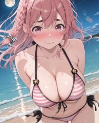 2025 ai_generated beach_background belly blushing_at_viewer female glaring_at_viewer instagram looking_at_viewer meta pekoillust pink-haired_female pink_and_white_bikini pink_eyes_female red_cheeks shy_at_viewer smile_at_viewer smiling_at_viewer tummy unknown_character wet_body