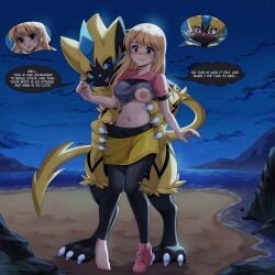 1:1 2025 3_toes 4_fingers 5_fingers 5_toes absurd_res ambiguous_gender anthro beach biped blonde_hair blue_eyes blush bottomwear breasts claws clothed clothed_female clothed_human clothing cloud dialogue digital_drawing_(artwork) digital_media_(artwork) donutella duo english_text exposed_breasts feet female finger_claws fingers footwear front_view fur generation_7_pokemon hair hi_res human legendary_pokemon mammal navel night nintendo nude nude_ambiguous nude_anthro open_mouth open_smile outside pokemon pokemon_(species) sea shoes skirt sky smile speech_bubble standing star tail text toe_claws toes topwear_up water yellow_body yellow_fur yellow_tail zeraora