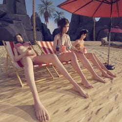 3d aerith_gainsborough areola_slip areolae bahamut0 barefoot beach beach_chair big_breasts blender breasts breasts_out drink final_fantasy_vii final_fantasy_vii_remake legs looking_at_viewer nude ocean petite pose pussy sand small_breasts smaller_female summer swimsuit swimwear thin_female tifa_lockhart wet wet_body yuffie_kisaragi