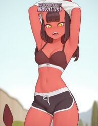 1futa 2025 ai_generated armpits arms_up artist_name average_breasts bangs blunt_bangs blush bra breasts bust chest dolphin_shorts fangs futanari hi_res high_quality high_resolution highres long_hair medium_breasts meru_(merunyaa) mole mole_under_eye navel normal_breasts novalust open_mouth orange_eyes patreon patreon_username pointy_ears shorts solo stable_diffusion tail teeth underwear watermark yellow_eyes