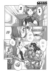 3girls asari ass big_muscles extreme_muscles female_only kissing mass_attraction mass_effect monochrome muscle muscles muscular_female peeping reddyheart veins yuri