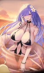 azur_lane bare_shoulders bead_bracelet bikini black_bikini black_one-piece_swimsuit blush bracelet breasts cg chains cleavage collarbone female flower hair_flower hair_ornament hair_over_one_eye hand_on_own_face hand_up huge_breasts innertube jewelry large_breasts long_hair looking_at_viewer mogador_(azur_lane) mogador_(locker_room_lechery)_(azur_lane) mole mole_on_breast nail_polish navel one-piece_swimsuit open_mouth outdoors purple_eyes purple_hair skindentation smile solo standing sunset swim_ring swimsuit thighs very_long_hair wading water white_flower