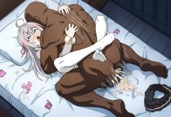 1boy 1girls ahe_gao ai_generated alisa_mikhailovna_kujou bald bed cum cum_in_pussy dark-skinned_male female femsub leg_lock male male/female maledom mating_press muscular_male on_bed scratch_marks tagme tokidoki_bosotto_russian_de_dereru_tonari_no_alya-san used_condom