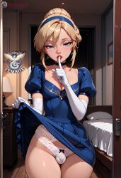 ai_generated balls blonde_hair blue_eyes breasts bulge bulge_through_clothing chocker choker femboy flat_chest fully_clothed gloves high_resolution highres ilfb more_at_source original original_character otoko_no_ko skirt skirt_lift skirt_pull skirt_up small_breasts surprise surprise_futa testicles thick thick_hips thick_legs thick_thighs trap