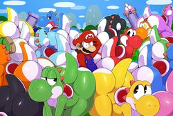 1boy 6+others ? ass bedroom_eyes big_ass big_butt black_yoshi blue_yoshi boshi cyan_yoshi femboy green_yoshi male male_only mario mario_(series) nintendo orange_yoshi outdoors pink_yoshi presenting red_yoshi sssonic2 standing stuck_in_pipe sunglasses super_mario_rpg surprised tail tongue tongue_out white_yoshi yellow_yoshi yoshi