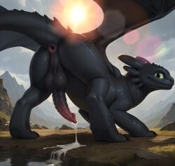 ai_generated anus ass balls black_body bodily_fluids cum cum_in_water cum_on_ground dragon dragon_wings erection feral genital_fluids genitals glare how_to_train_your_dragon light light_beam looking_at_viewer looking_back male mountains mythological_creature mythological_scalie mythology night_fury outside penis presenting presenting_hindquarters rear_view saggy_balls scalie solo stable_diffusion sunbeam sunlight toothless water western_dragon wings