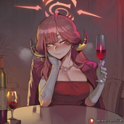 1girls ai_generated alcohol artist_name aru_(blue_archive) aru_(dress)_(blue_archive) blue_archive blunt_bangs blush bottle breasts breath chair cleavage closed_mouth coat coat_on_shoulders collarbone cup demon_horns dress drinking_glass earrings elbow_gloves elbow_rest female female_only gloves halo hand_on_own_cheek head_rest holding holding_cup horns indoors jacket jacket_on_shoulders jewelry large_breasts long_hair looking_at_viewer necklace orange_eyes patreon_logo patreon_username pink_hair red_dress red_hair rikuhachima_aru sitting smile solo strapless_dress table tillian upper_body web_address white_gloves wine wine_bottle wine_glass yellow_eyes