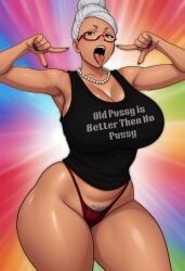 1girls absurd_res absurdres ai_assisted ai_generated ayase_seiko breasts breasts_bigger_than_head busty busty_female curvaceous curvy_body dandadan english_text female gilf glasses grandmother half_rim_glasses high_resolution highres hourglass_figure large_breasts looking_at_viewer mature_female older_female pearl_necklace pointing_at_mouth pubic_hair pubic_hair_peek raleu10 solo solo_female solo_focus tank_top thick_ass thick_thighs thong voluptuous voluptuous_female white_hair wide_hips