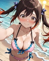 2025 ai_generated beach_background blushing_at_viewer brown_and_red_hair female holding_viewer instagram looking_at_viewer meta neko_girl pekoillust pink_bikini shy_at_viewer shy_girl shy_smile smile_at_viewer smiling_at_viewer unknown_character wet_body yellow_eyes_female