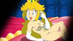 areola areolae big_breasts blonde_female blonde_hair blue_earrings breasts crown earrings gloves laying_down laying_on_back laying_on_bed magical_sleepover_u mario_(series) nintendo nipples princess_peach pussy sakusakupanic screencap screenshot super_mario_bros. tiara topless topless_female white