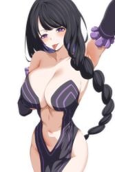 black_hair braid breasts bridal_gauntlets center_opening cleavage detached_sleeves dress elsa_granhilte female_only large_breasts long_hair looking_at_viewer purple_eyes purple_trim re:zero_kara_hajimeru_isekai_seikatsu solo ve666ve