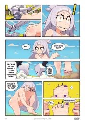 1girls action_pose armor body_size_growth breasts chapter_2 clouds comic day doubt_(thedo_ubt) english_text female foot_fetish forest giant_ass giant_breasts giant_thighs giantess giantess_growth gigantification growth hair_bun hololive hololive_gen_2 hololive_japan impact_lines knight long_hair multiple_views murasaki_shion nails nsfw nude nude_female oc original outdoors page_7 page_number pussy silver_hair size_transformation sky sorceress speech_bubble standing sword toes virtual_youtuber witch