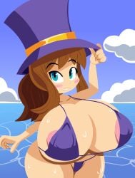 a_hat_in_time adjusting_clothes adjusting_headwear aged_up areola_slip bikini blue_eyes blush_stickers breasts cleavage closed_mouth cloud collarbone colored_nipples covered_erect_nipples female hat hat_adult hat_kid long_hair looking_down oppai_loli outdoors ponytail purple_hat purple_nipples sidelocks sky smile solo sweat swimsuit teeth thick_thighs thighs top_hat water yelladrill yellow_trim