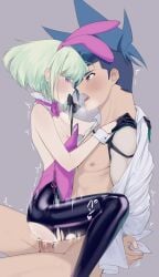 2boys anal anal_sex blush bob_cut bunny_ears bunnysuit burrrntlemon crossdressing dominant femboy femboydom galo_thymos gay gay_sex lio_fotia male nipples petite petite_body petite_male power_bottom promare short_hair size_difference twink