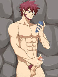 1boy abs against_wall beard cum erection facial_hair male_focus male_only masturbation muscle nipples outdoors pecs penis penis_grab phone pokemon pokkor0123 pubic_hair purple_hair solo tagme testicles