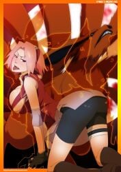 1animal 1girls all_fours ass ass_bigger_than_head ass_crack ass_focus ass_view aura back background behind_view big_ass bike_shorts black_bike_shorts black_shorts bottom bottom_heavy bottomwear bubble_ass bubble_butt bursting_breasts butt_crack chakra clothed clothed_female clothes clothing fat_ass female female_focus female_only from_behind from_below heavenly_ass highres huge_ass jinchuriki kneeling kurama kyuubi large_ass light-skinned_female light_skin locofuria low-angle_view lower_body lower_body_focus medium_hair naruto naruto_(series) naruto_shippuden nature naughty naughty_face naughty_smile nine_tailed_fox open_mouth orange_fur outdoors pink_elbow_pads pink_hair presenting presenting_ass rear_view red_eyes red_shirt red_sleeveless_shirt ripped_clothing sakura_haruno sexy_pose shirt shorts sleeveless sleeveless_shirt smile solo solo_female solo_focus spats sunlight tailed_beast thick thick_ass thick_female thick_thighs thighs tongue tongue_out topwear torn_clothes viewed_from_behind voluptuous voluptuous_female white_body wide_hips