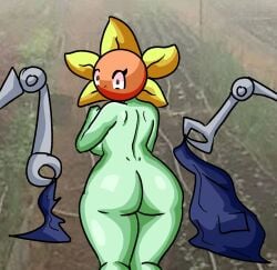 1girls ass ass_focus big_ass breasts brown_pupils chetoh clothes_removed completely_nude embarrassed embarrassed_naked_female embarrassed_nude_female enf female female_focus female_only garden green_body looking_back mechanical_arm naked naked_female nude nude_female oc original original_character petals photo_background plant plant_girl poppy_(chetoh) rear_view sunflower thighs undressed yellow_petals