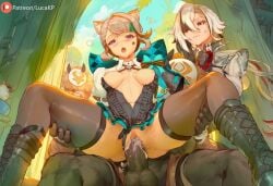 2boys 2girls ai_generated arlecchino_(genshin_impact) ballsack black_body blush boots breast_slip breasts breasts_out cum cum_in_pussy cum_inside cumming cumming_while_penetrating dark-skinned_male dark_penis dark_skin ejaculation female genshin_impact hilichurls_(species) hoyoverse legs legs_apart legs_spread looking_at_viewer lucakp lynette_(genshin_impact) male mihoyo moaning patreon patreon_link patreon_logo patreon_url patreon_username platinum_blonde_hair reverse_cowgirl_position sex sitting tagme testicles thick_thighs thighs white_hair