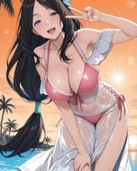 2025 ai_generated beach_background bikini_under_clothes blue_eyes_female blushing_at_viewer female instagram looking_at_viewer meta orange_cheeks pekoillust pink_bikini shy_at_viewer smile_at_viewer smiling_at_viewer unknown_character v_pose wet_body wet_dress white_dress