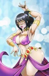 absurdres alternate_costume arm_bands armpits arms_above_head bare_legs black_hair bracelet breasts bubble_butt cleavage collar collarbone dancing expressionless female female_only glasses harem_outfit huge_ass huge_breasts hypnotic_eyes jewelry looking_at_viewer navel one_piece ponytail ring simple_background spiral_eyes tashigi yellow_eyes zorro-zero