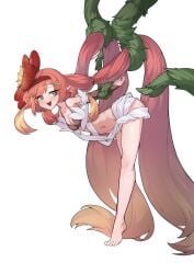 1girls 2d 2d_(artwork) :d arms_behind_back bandages bare_legs bare_shoulders barefoot blue_eyes bridal_gauntlets female female_focus imminent_penetration long_hair plant_tentacle red_hair tartarie tentacle tentacle_around_hair tentacles_around_arms traptrix traptrix_rafflesia very_long_hair white_background yu-gi-oh!