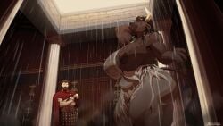 2023 absurd_res anthro areola armor artist_name bathing beard being_watched big_breasts black_areola black_body black_fur black_hair black_nipples bovid bovine breastplate breasts brown_hair cape closed_eyes clothed clothed/nude clothed_male clothing crossed_arms curvy_figure dress duo european_mythology facial_hair female fully_clothed fully_clothed_male fur greasymojo greek_mythology hair hand_behind_head hi_res huge_breasts human long_hair looking_at_another male mammal minotaur mythology nihea_avarta nipples nude numerius_ignius_bubulcus one_breast_out raining red_cape red_clothing relaxed_expression showering slightly_chubby standing tail text thick_thighs translucent translucent_clothing voluptuous wet wet_clothing white_clothing white_dress wide_hips