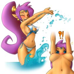 bikini breasts female multiple_poses ponytail pudgeruffian purple_hair shantae shantae_(character) smooth_skin solo topless underboob wardrobe_malfunction
